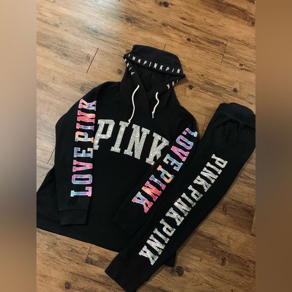 PINK VS HTF WATERCOLOR BLING HOODIE/ IRIDESCENT JOGGERS OUTFIT SET LARGE - Picture 3 of 12